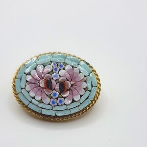 Floral Mosaic Brooch in Gold and Pastel Colors